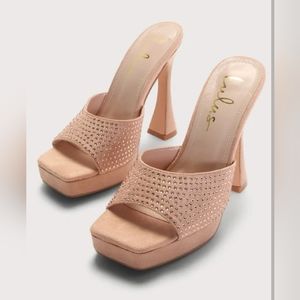 Lulu's Karelee Light Nude Suede Rhinestone Platform High Heel Sandals Size 7.5